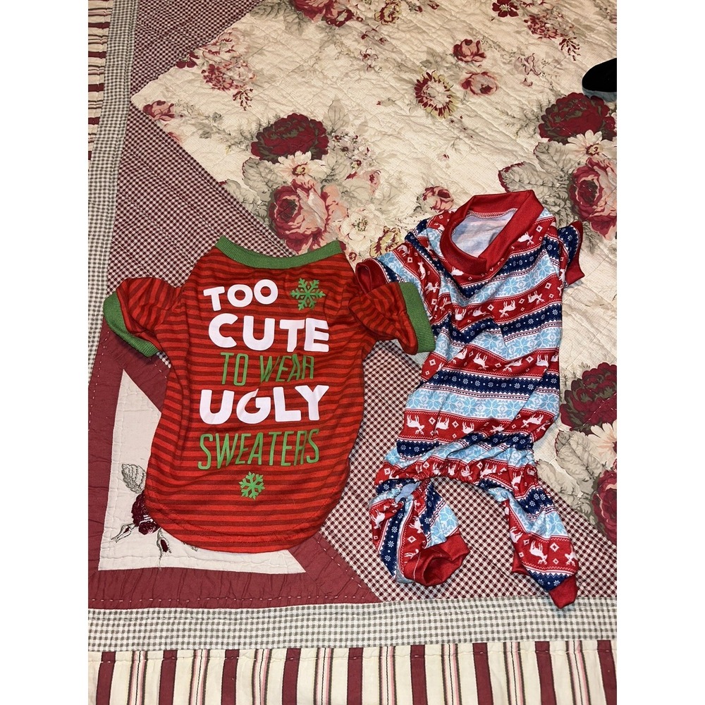 Dog Shirts Lot Of 2 Holiday Slip On Christmas "too Cute For ugly sweaters" Small